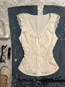 Airaco Women's Summer Solid Color Lace Patchwork Front Tie Waist Camisole - Apricot - View 1