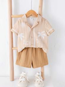 SHEIN 2pcs Baby Boy Summer Casual White Textured Short Sleeve Shirt And Shorts Set, Holiday Shirt Outfit - Multicolor - View 3