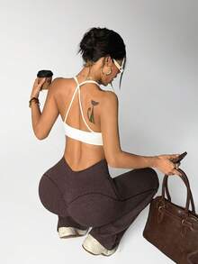 Dewbera Dewbera 1pc Coffee Brown Seamless Sports Leggings, Soft & Comfortable Fit, Suitable For Workout, Running, Casual, Yoga - Coffee Brown - View 4