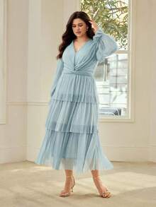 MOTF PREMIUM PLUS SIZE WOMEN'S LAYERED A-LINE PLEATED LONG DRESS, SPRING/SUMMER - Baby Blue - View 1