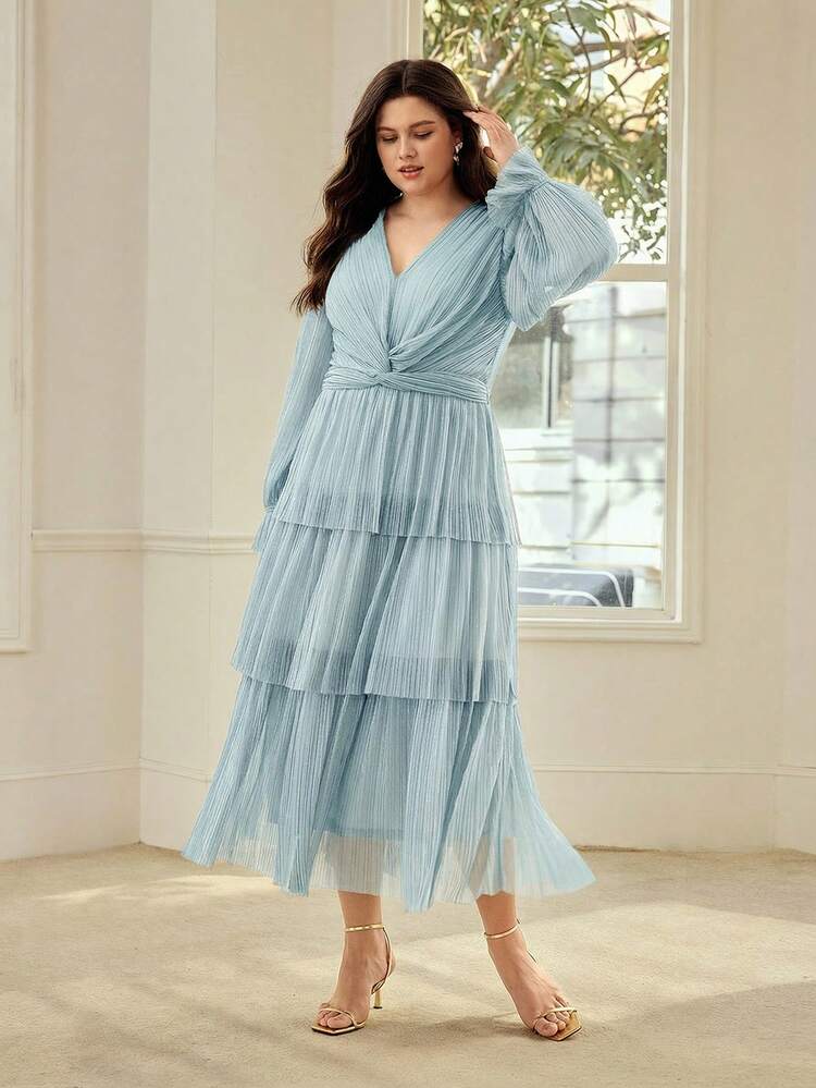 PLUS SIZE WOMEN'S LAYERED A-LINE PLEATED LONG DRESS, SPRING/SUMMER