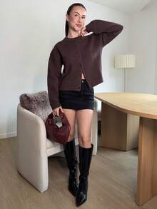 Abrilcols Women's Solid Color Minimalist Knit Cardigan Y2k - Coffee Brown - View 1