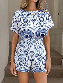 SHEIN LUNE 女士休闲舒适度假通勤时尚抽象几何线条图案收腰短款上衣和短裤两件套，春夏款 - 彩色 - 查看 6