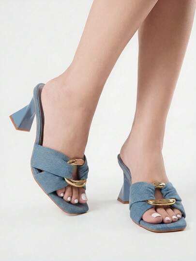 ROMWE Grunge Punk 女士时尚蓝色凉鞋，金属装饰金字塔跟穆勒凉鞋，春夏穿搭