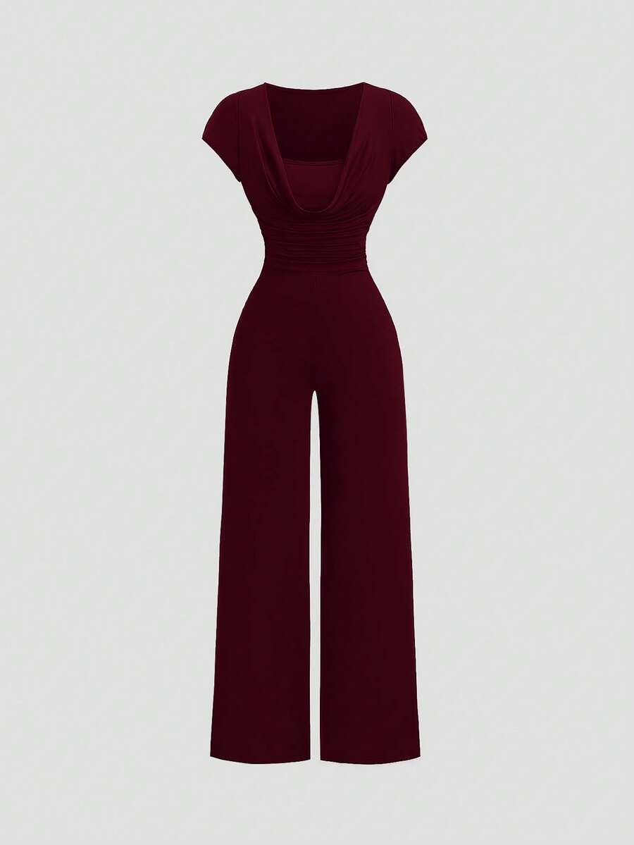 Sweetra New Arrival Cowl Neck Waist Cinched Brown Elegant Commuter Stylish Short Sleeve Jumpsuit For Women - Burgundy - View 1