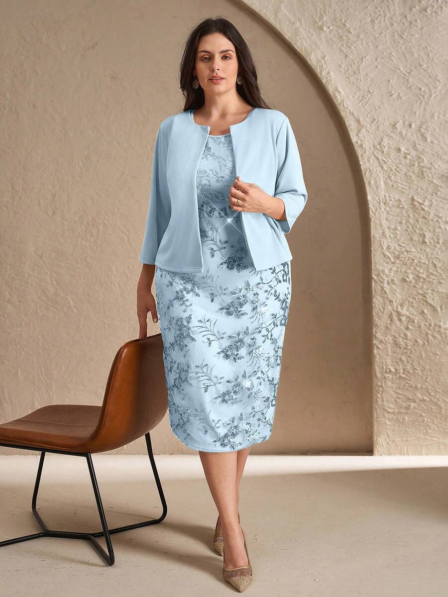 Chikora Plus Size Elegant Party Solid Color Jacket & Sequin Embroidered Dress 2-Piece Set - Baby Blue - View 1