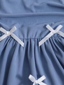 Elladie kids Elegant Solid Color Ruffled Strap Dress With Bow Decor For Teenage Girls, Suitable For Party And Events In Spring/Summer - Blue - View 4