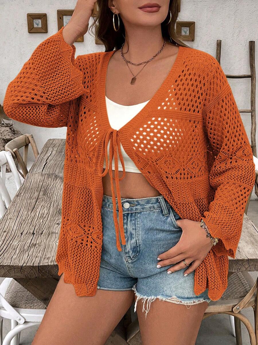 Breezaya 大码女式纯色针织镂空系带长袖性感度假夏季薄款罩衫，适合海滩、泳装、防晒 - 橘色 - 查看 1