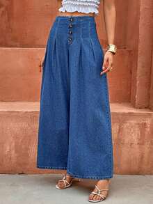 Selianne Jeans anchos y sueltos con pliegues y cierre de botones, para uso casual, vacaciones y viajes - Azul - Ver 3