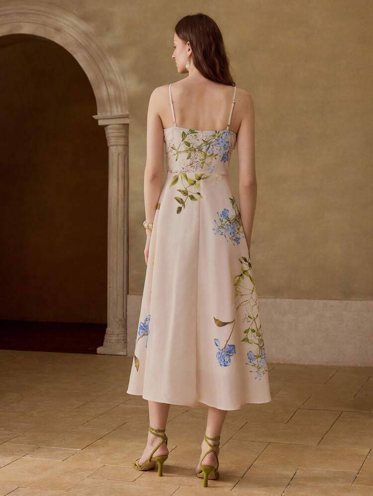 WOMEN'S ROMANTIC ELEGANT FLORAL PRINT LINEN LONG DRESS WITH A-LINE SILHOUETTE