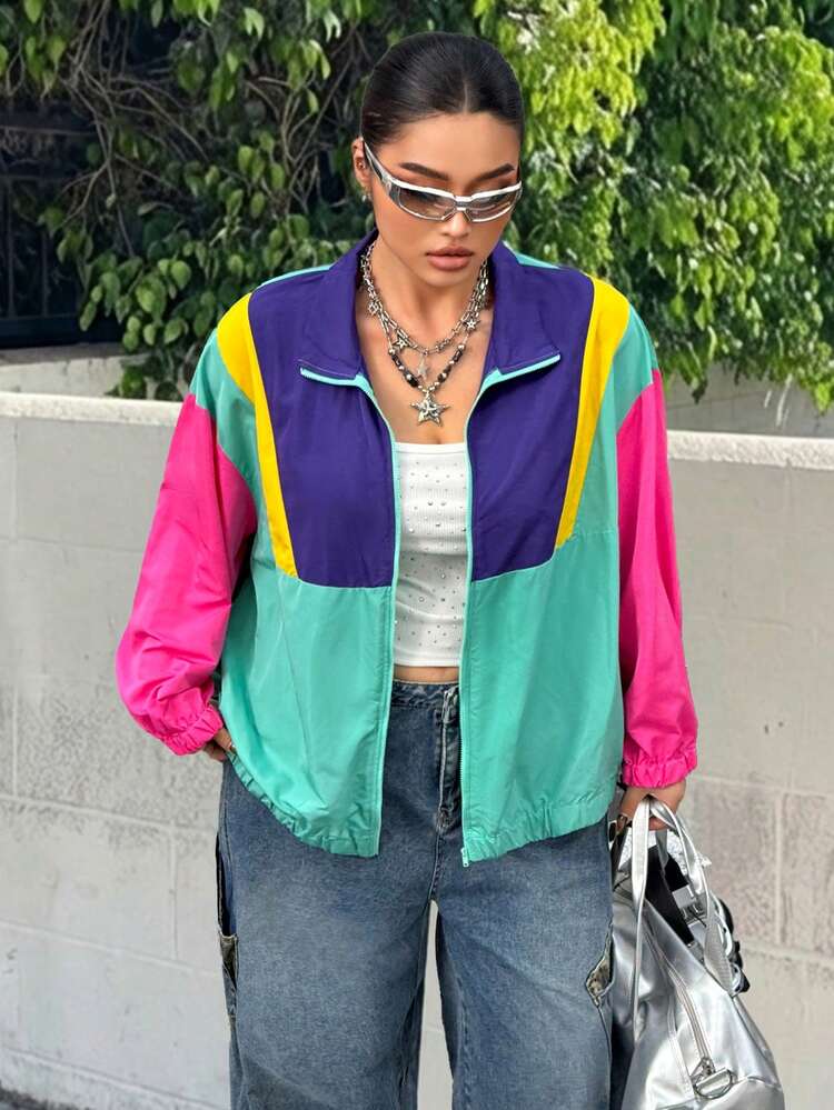 Muchica Jaqueta Colorida Retalhos Plus Size, Casual de Outono - Multicolorido - Visão 5