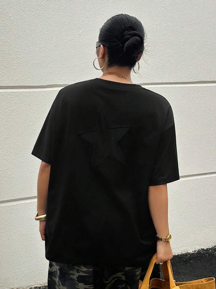 Dazy Plus Solid Color Round Neck Casual Loose Korean Style Back Star Patch Plus Size Black Short Sleeve T-Shirt, Spring/Summer