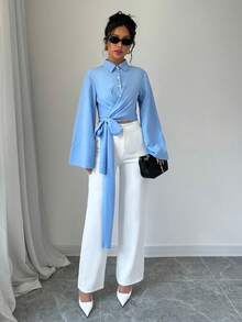 Selianne Áo kiểu nữ mùa xuân đơn giản, thanh lịch, màu trơn, buộc dây ở gấu áo, tay loe. - Màu xanh nhạt - Xem 4