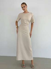 Siren Gaze Women's Solid Color Round Neck Pleated Waist Casual Dress, Elegant Backless Dress, Summer Long Dress - Apricot - View 5