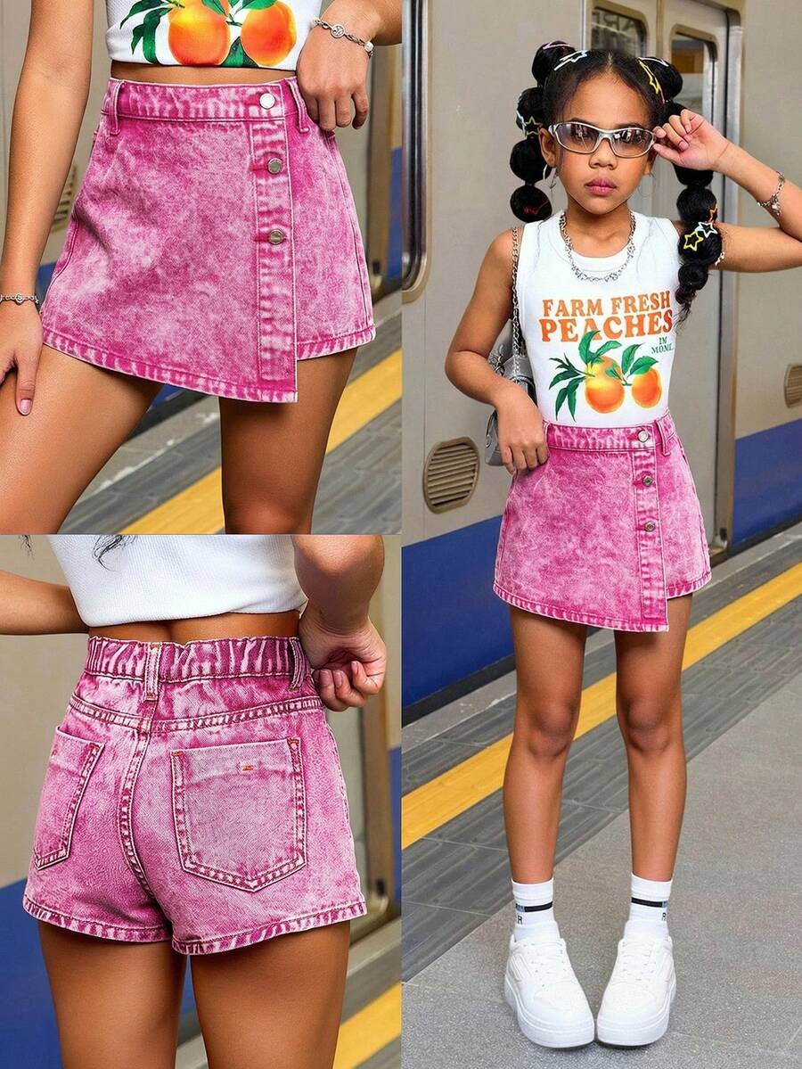 SHEIN 青少年女孩夏季Y2K休閒波希米亞風不對稱鈕扣牛仔裙褲，適合夏季度假與日常街頭穿搭 - 粉色 - 查看 1