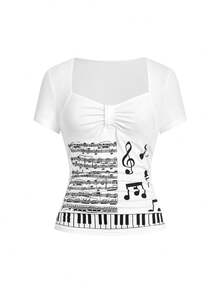 ROMWE Y2K Camiseta de cuello de pico ajustada con estampado sensual de nota musical - Blanco - Ver 1