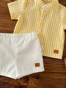 Newborn Baby Boy Casual Cute Striped Short Sleeve Shirt And Elastic Waist Shorts Set - Yellow - View 5