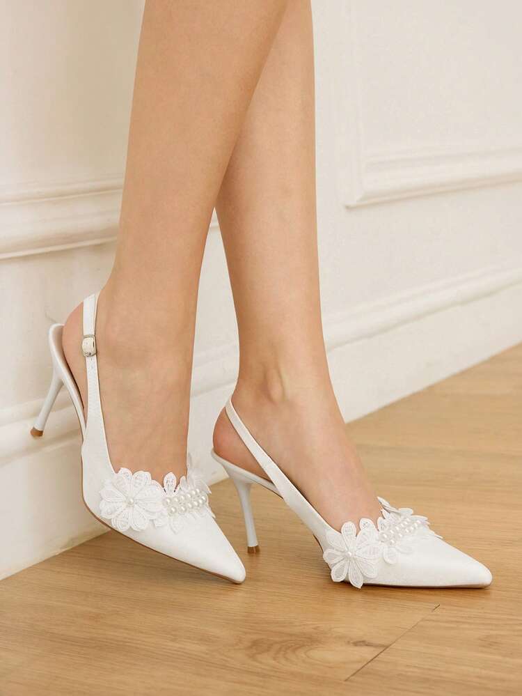 CUCCOO HITCHD Women's Pointed Toe High Heel White Faux Pearl Lace Flower Backstrap Pumps, Bridal Wedding Party Evening Shoes, Backless Heels Elegant Shoes Wedding Shoes