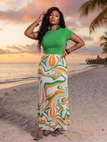 Slaydiva 两件套女式加大码绿色纯色短袖露脐T恤搭配复古波浪印花修身半身裙，弹力针织面料，适合度假、休闲、海滩、篝火晚会、日光浴、酒店、邮轮、郊游、浪漫假期、缤纷假期、节日、优雅假期等场合。 - 彩色 - 查看 8