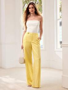 MOTF PREMIUM WOMEN'S YELLOW 100% LINEN SUIT PANTS, SPRING/SUMMER - Yellow - View 1