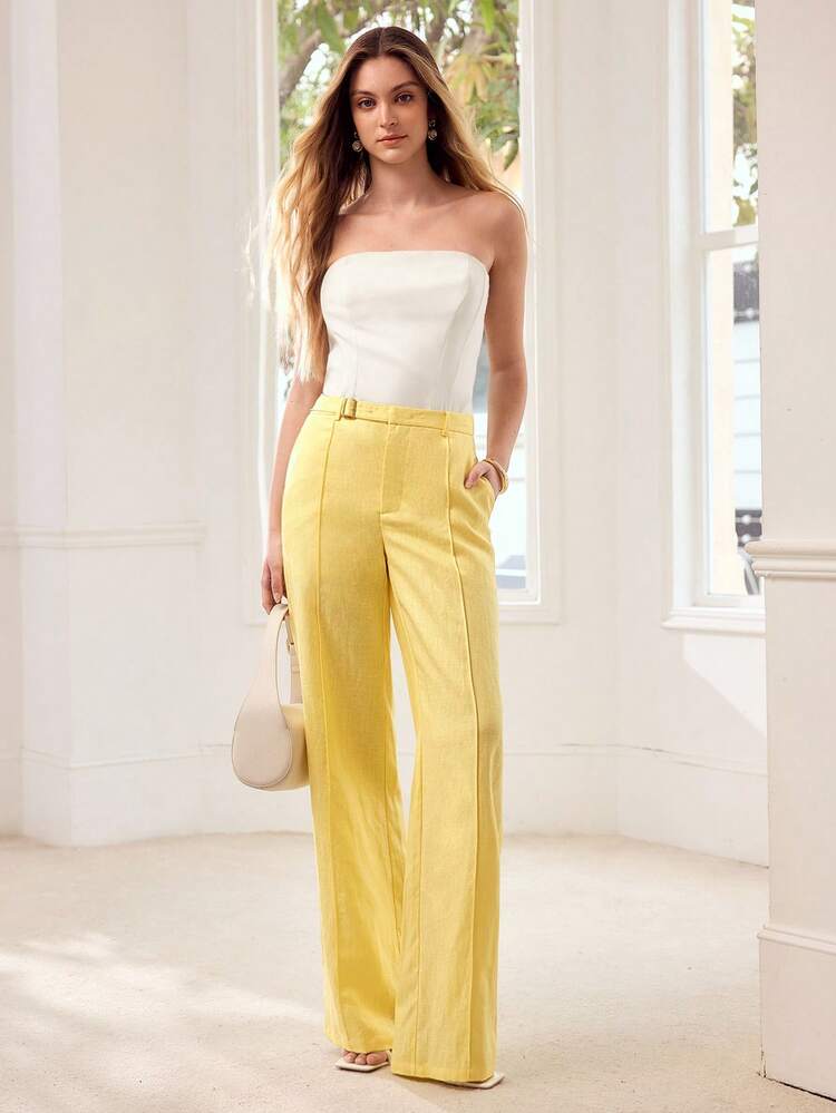 WOMEN'S YELLOW 100% LINEN SUIT PANTS, SPRING/SUMMER