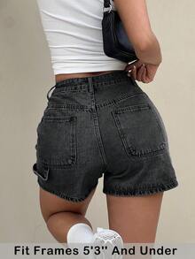 SHEIN PETITE Short en jean délavé décontracté pour femmes avec poches obliques, été - Noir - Voir 3