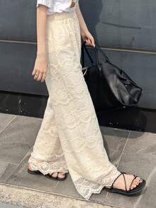 FRIFUL Women's Solid Beige Sheer Lace Fabric Straight Leg Loose Casual Pants Summer - Apricot - View 2