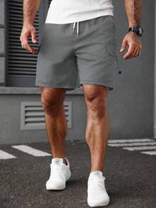 Manfinity Homme Loose Fit Men's Flap Pocket Side Drawstring Waist Cargo Shorts - Light Grey - View 3