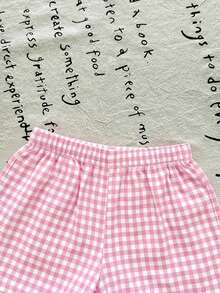 SHEIN LMoss Kids 女婴蝴蝶结装饰格子背心和短裤可爱套装 - 粉色 - 查看 7