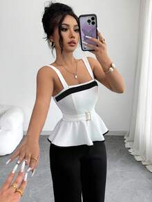 Selianne 2pcs Women's Contrast Color Camisole Top And Wide Leg Pants Set, Fitted Waist Attractive Women's Tank Top - Black and White - View 6