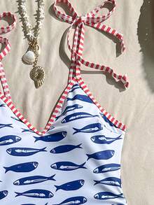 Swim Vcay Women's One-Piece Swimsuit, Ruched Waist With Drawstring, Random Ocean-Themed All-Over Print, Contrast Color Straps, Striped Trim Swimsuit, Red White Blue Swimsuit - Multicolor - View 4