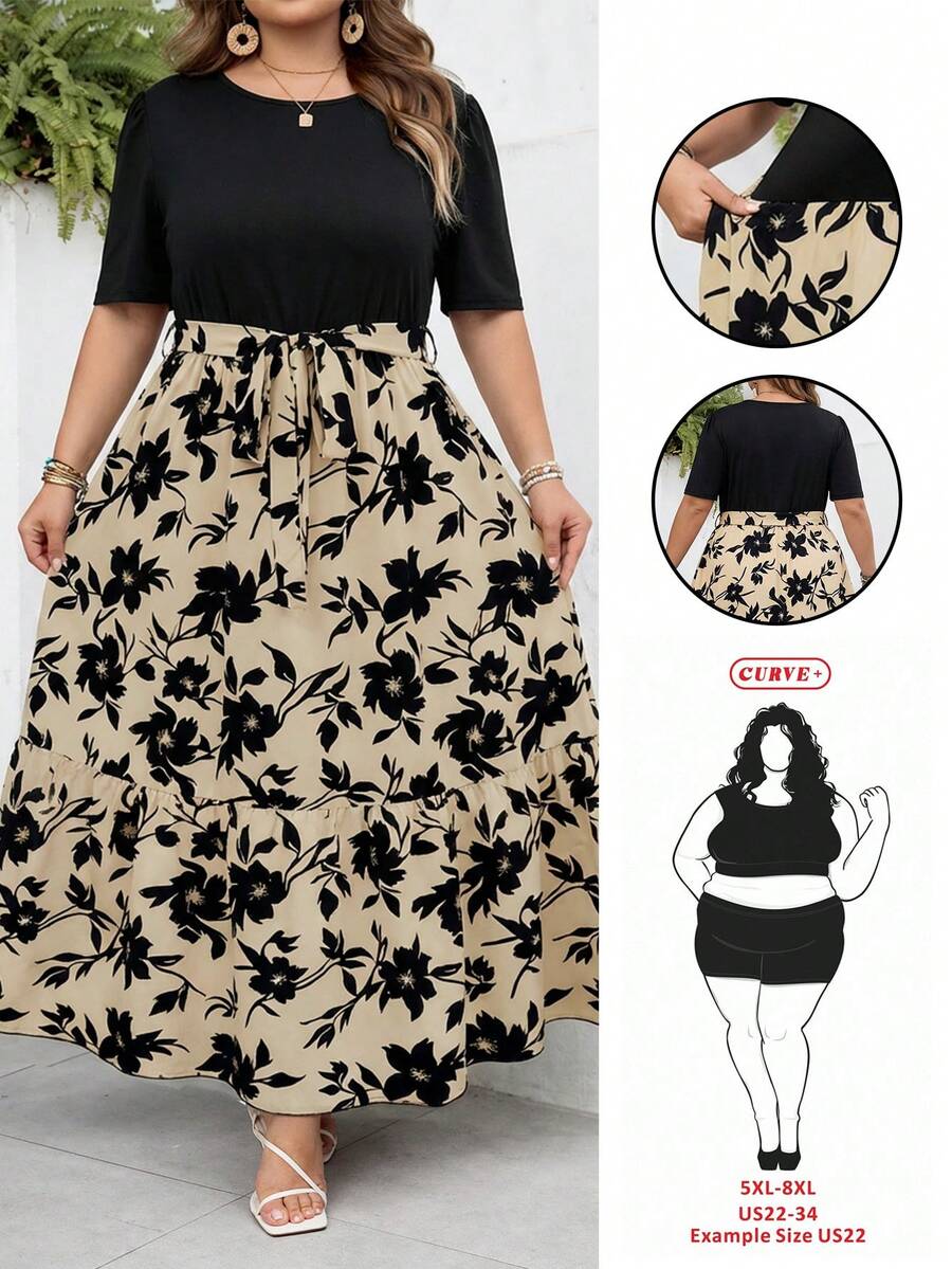 SHEIN CURVE+ 大码夏季休闲拼接印花圆领短袖连衣裙 - 杏色 - 查看 1