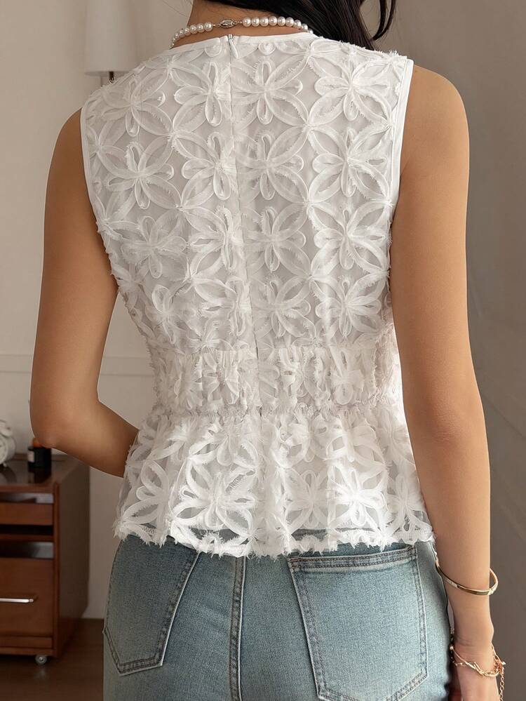 Fitted Textured Elegant White Round Neck Tank Top For Women, Spring & Summer