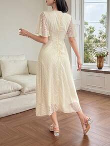 DAZY Vestido midi ajustado de encaje elegante, adecuado para vacaciones, primavera y verano - Beis - Ver 2