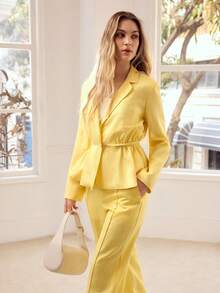 MOTF PREMIUM WOMEN'S LONG SLEEVE 100% LINEN CINCHED WAIST BLAZER, SUITABLE FOR DATES AND VACATIONS - Yellow - View 5