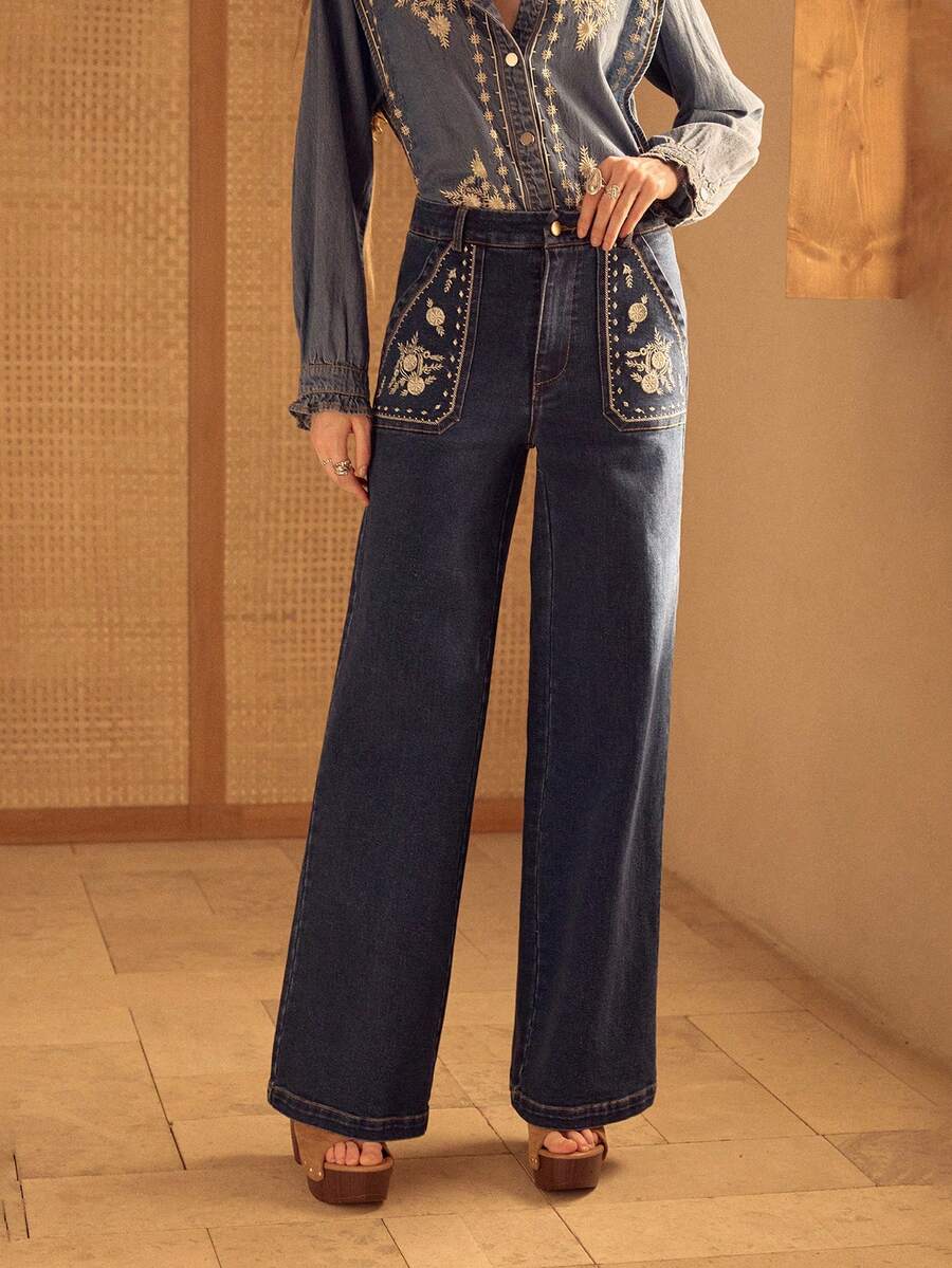 MOTF STUDIO WOMEN'S FLORAL EMBROIDERED WIDE LEG JEANS