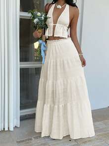 Sunnyshic White Bubble Textured V-Neck Halter Backless Crop Top And High Waist Ruffle Hem Loose Skirt 2 Piece Set, Elegant Romantic Vacation Party Minimalist Casual Daily Wear - Apricot - View 5
