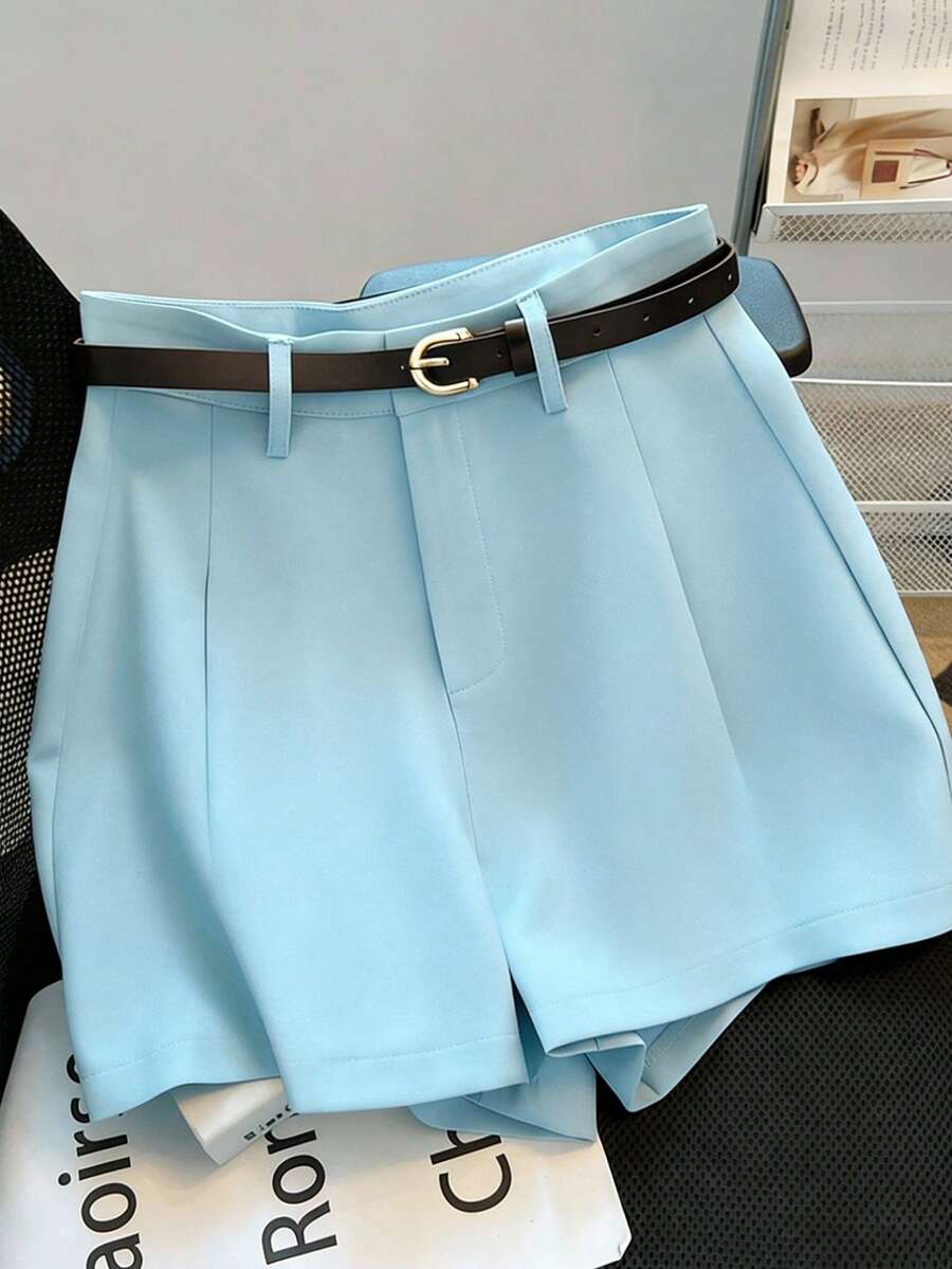 Franclia 休闲通勤时尚百搭中高腰系带夏季新款纯色女式短裤 - 淺藍色 - 查看 1