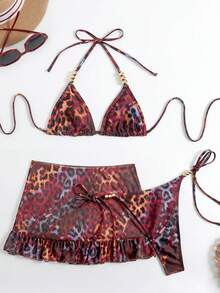 Swim SXY 3pcs/Set Random Print Beaded Halter Top, Side Tie Swim Shorts & Skirt Bikini Set - Multicolor - View 5