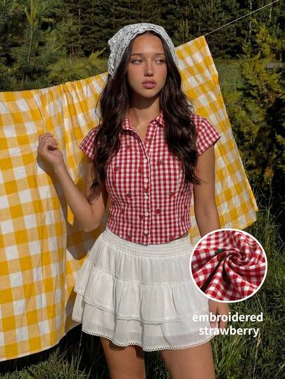  SHEIN MainGRL Spring/Summer New Arrival: Sweet And Romantic Red And White Checkered Embroidered Fabric Short-Sleeve Shirt With A Fitted Waist, Perfect For Dates, Vacations, Outings, Everyday Wear, And Country Style,Summer Top,Easter