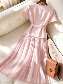 SHEIN Franclia Bộ đồ 2 món thanh lịch dành cho nữ: Áo tay ngắn màu hồng thắt eo và chân váy xếp ly. - Màu Hồng baby - Xem 2