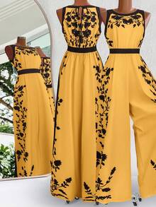 SHEIN Clasi Plus Size Floral Print Sleeveless Wide Leg Jumpsuit, Casual Vacation - Yellow - View 2