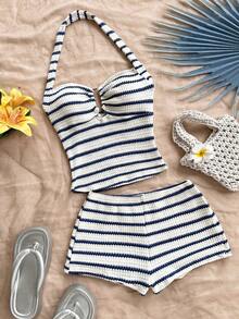 Soleia 大码女式藏蓝色条纹两件套，夏季度假畅销款 - 寶藍色 - 查看 3
