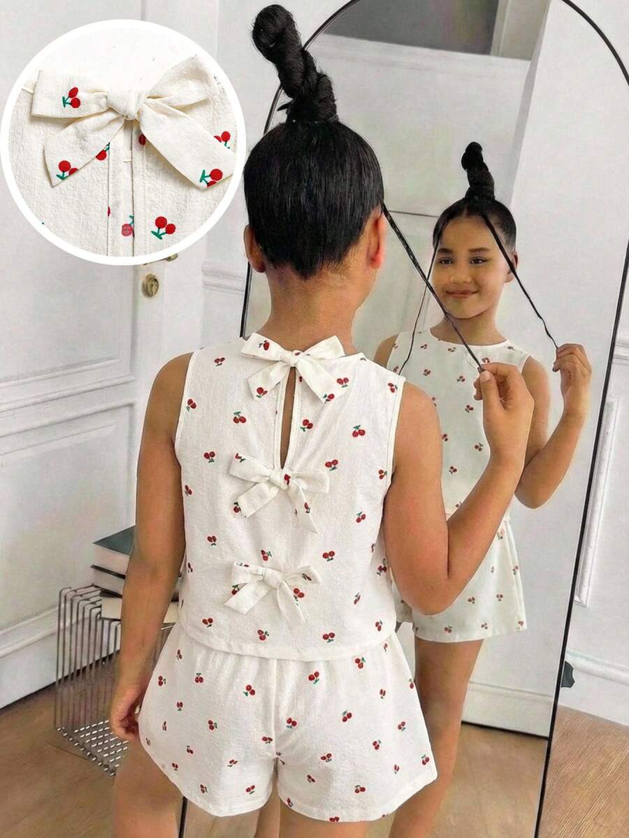 SHEIN 青少年女孩春/夏休閒度假櫻桃印花碎花背後蝴蝶結背心與配套短褲梭織套裝,修身穿搭 - 杏色 - 查看 1
