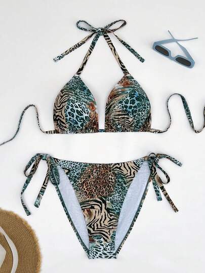 Swim Vcay Conjunto de bikini de 2 piezas con estampado de cebra para mujer de talla grande, estilo vacacional con diseño de triángulo de cuello de halter, shorts de natación con ajuste lateral, adecuado para la playa