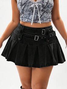 SHEIN CURVE+ Chân váy denim đen cỡ lớn dành cho nữ, thời trang và không co giãn, trang phục mùa xuân. - màu đen - Xem 7