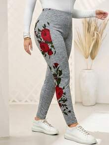 Rosumi 大码女式印花拼接打底裤 - 灰色 - 查看 7