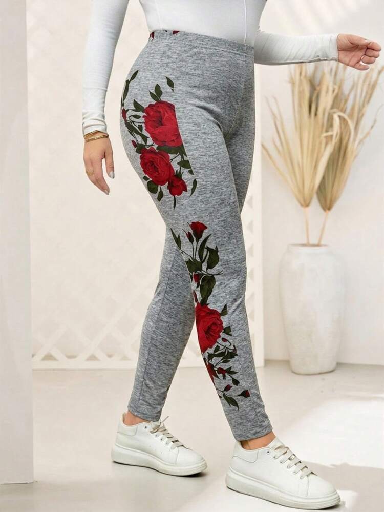Plus Size Women Summer Grey Floral Print Patchwork Leggings,Plus Size Women's Printed Patchwork Leggings, Tight-Fitting Pants,Spring,Daily Wear.Spring Break,Vacation,Holiday,Going Out,,Simple And Fashionable For Everyday Wear