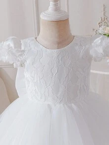 Glamorique Kids 女婴V领蝴蝶结连衣裙，蕾丝花袖，V领薄纱裙摆，适合生日派对、洗礼、花童婚礼等场合。 - 白色 - 查看 7