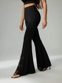 SHEIN Tall Trang phục nữ Thu Hè, mọi mùa, phong cách Goth Y2K, Grunge, Halloween, trang phục đi club, trang phục gợi cảm, trang phục biểu diễn nhạc đồng quê, quần ống loe ren đen Y2K, quần ống rộng cho người nhỏ nhắn. - màu đen - Xem 5